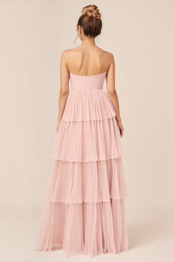Robe de demoiselle d’honneur longue à volants sans bretelles rose bonbon